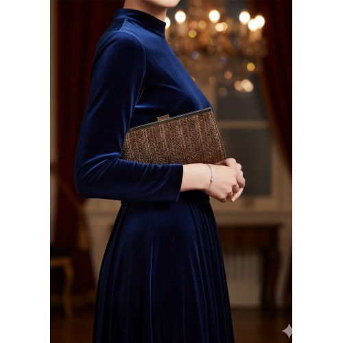 Evening Bag - Braided Straw Like w/ Metal Frame - Brown - BG-92070BR